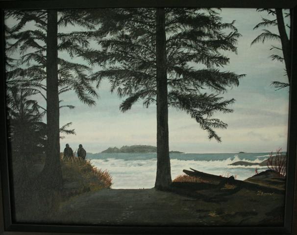 Large painting of winter storm watching in Tofino BC